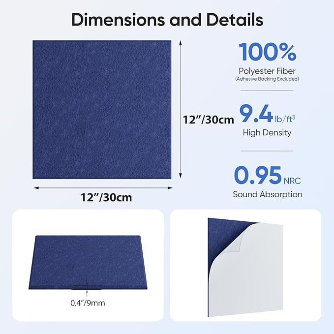 UNECHO 12 Pack 12" X 12" X 0.4" Acoustic Panels for Wall Sound Absorbing,Square Self-Adhesive Sound Panels, High Density Suitable for Multiple Scenarios(Sapphire Blue)