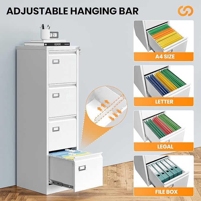 AFAIF 4 Drawer File Cabinet with Lock, Metal Filing Cabinets for Home Office, Vertical Black Locking File Caninet, Steel Narrow Four Drawer File Cabnet for Letter/Legal / A4 / B4- Assembly Required