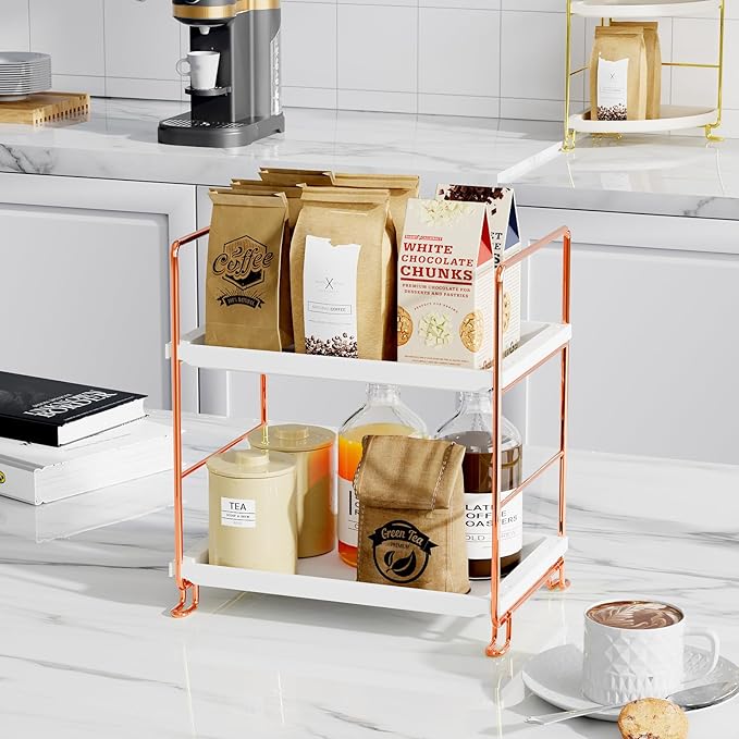 FSyueyun 2-Tier Bathroom Countertop Organizer, Tool-Less Installation Premium Plastics Makeup Shelf Organizer Perfume Skincare for Dresser Vanity Tray Organizers and Storage (Rose Gold)