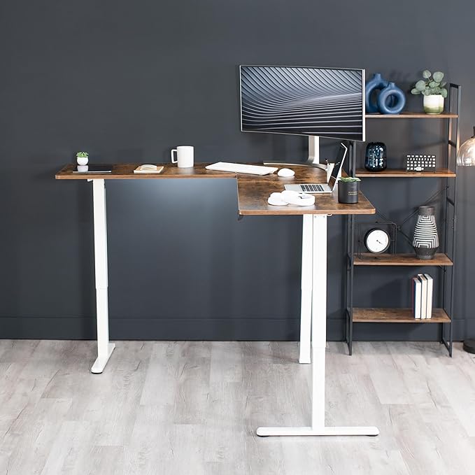 VIVO Electric Corner 75 x 63 inch L-Shaped Standing Desk, Memory Height Adjustment, Rustic Vintage Brown Top White Frame, DESK-E3CTWN-75