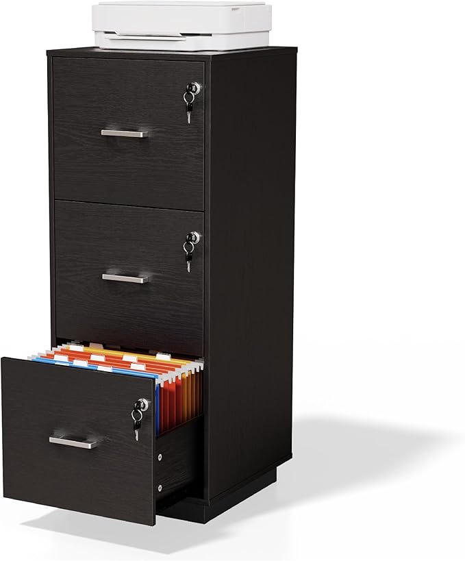 VINGLI 3 Drawer File Cabinet with Lock, Home Office Filing Organizer, for Letter Size File Folder Storage, Wood Tall Vertical Filing Cabinet, Printer Stand, Archivador (Black)