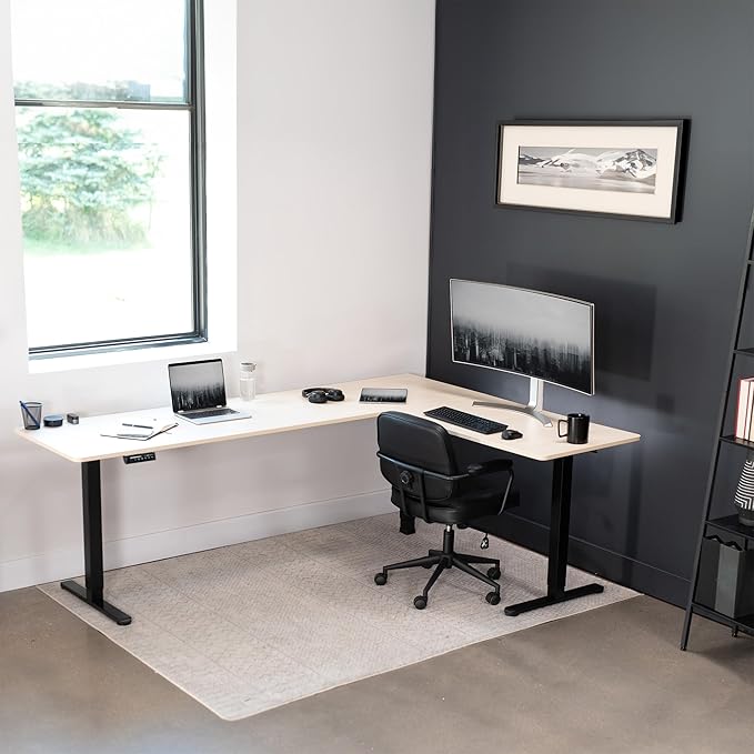 VIVO Electric Corner 84 x 63 inch L-Shaped Standing Desk, Memory Height Adjustment, Light Wood Top Black Frame, DESK-E3CTBC-84