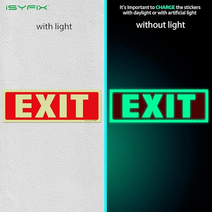 iSYFIX Exit Glow in the Dark Sign Stickers – 2 Pack 12x4 Inch – Photoluminescent Vinyl, Laminated for UV, Weather & Fade Resistance, Indoor & Outdoor for Business, School, Office, Warehouse
