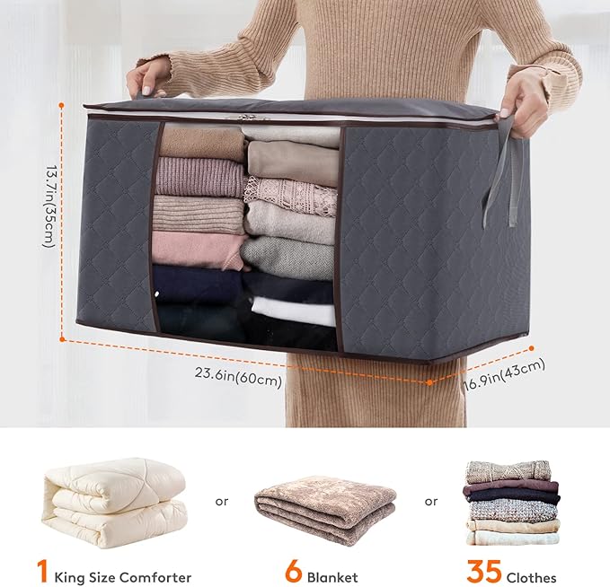 Lifewit 90L Large Storage Bags, Closet Organizers and Storage, Clothes Storage Bins with Lids, Foldable Storage Containers with Reinforced Handles for Clothing, Blanket, Bedding, Comforter 3 Pack Gray