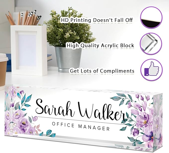 Custom Name Plate for Desk - Desk Name Plate Personalized - Purple Office Desk Accessories - Employee Appreciation Gifts - Acrylic Office Desk Decor for Women - Office Gifts for Coworkers Boss Teacher