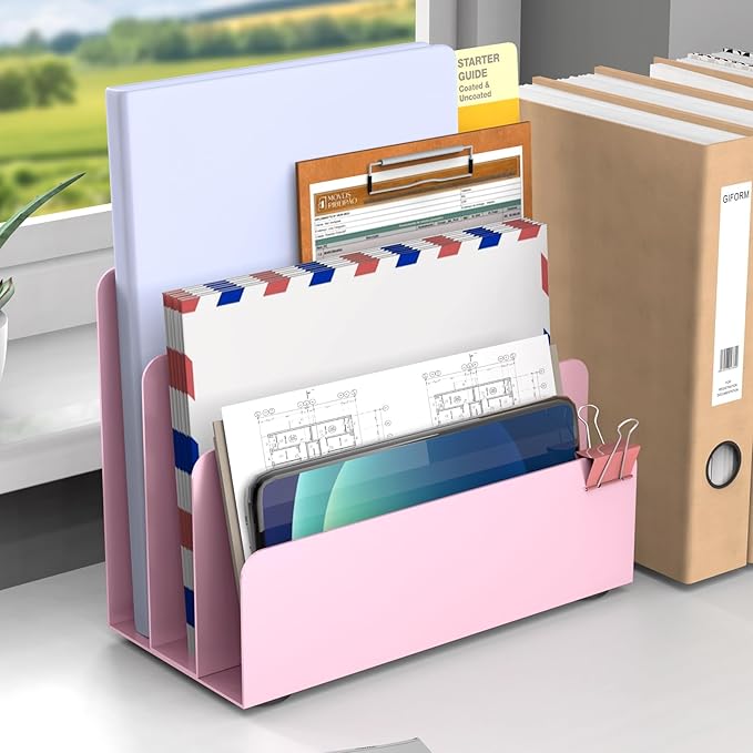 OUTIOE Mail Organizer Countertop, Small Desk File Organizer, Metal File Holder - Essential Workspace Organizers for Office Desk, Home Office (Pink)