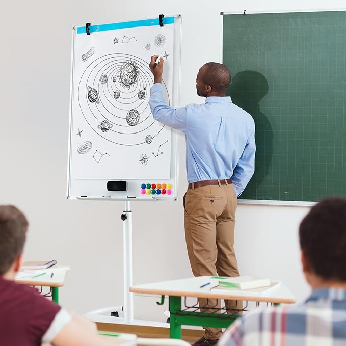 Goplus 40” x 26” Rolling Whiteboard, Height Adjustable Magnetic Dry Erase Board on Wheels with Round Stand, Paper Clips, Storage Tray, Paper Pad, Magnets, Markers, Mobile White Board for Office School