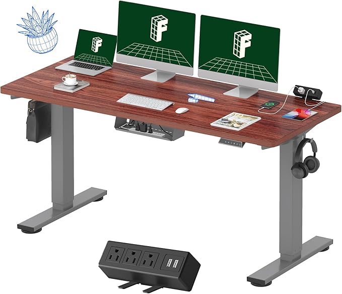 FLEXISPOT EN2 Whole-Piece Standing Desk with Clamp Power Strip, 60 x 24 Electric Stand Up Height Adjustable Desk with Cable Management (Gray Frame + 60" Mahogany Top, 2 Packages)