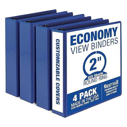 Samsill 2 Inch 3 Ring Binders, Made in USA, Economy Round Ring, Clear View Cover, 425 Sheet Capacity - for School, Home, Office - Blue, 4 Pack