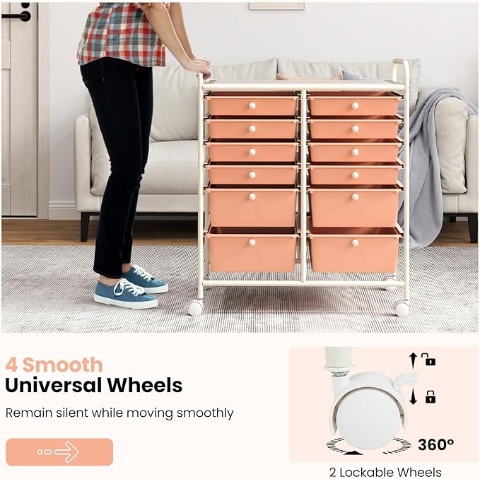 LDAILY 12 Drawer Rolling Storage Cart, Craft Cart Organizer on Wheels w/Metal Frame, Large Capacity & Smooth Drawer, Rolling Cart w/Drawers for Classroom, Office