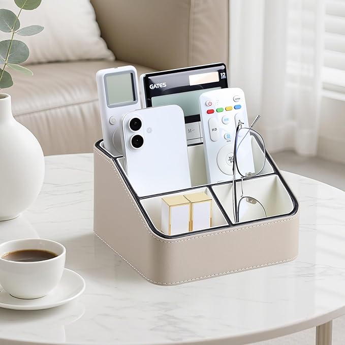 MEIBOOCH Remote Control Holder, PU Leather Small Desk Organizer with 4 Compartments, Nightstand Organizer Desk Caddy for Remote, Notepad, Phone, Glasses, and Accessories (Beige)
