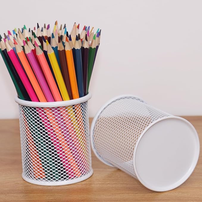 SNOW COOLER Pen Holder Mesh Pencil Holder Metal Pen Holder Cup Pencil Cup Holder for Desk Office Pen Organizer White, 4 Pack