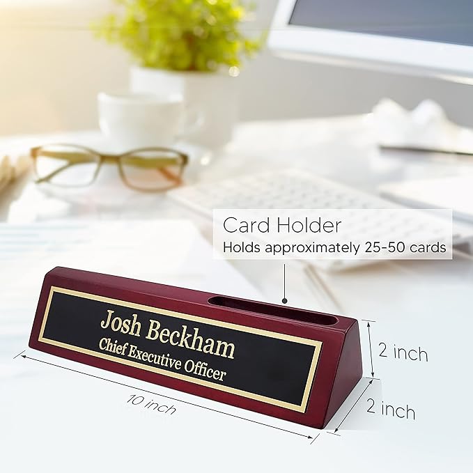 Business Wood Name Plate for Desk | Custom Desk Name Plate Personalized Gift for Office, The Perfect Engraved Name Plaque by Engraving International (2" x 10" with Card Holder, Rosewood Piano Finish)