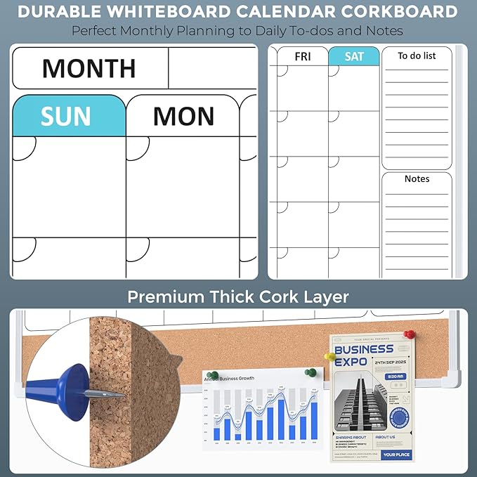 MaxGear Monthly Calendar Whiteboard Dry Erase Cork Board for Wall, 24"x18" Double-Sided Dry Erase White Board Calendar with Bulletin Board, Hanging Dry Erase Board for Office, Home, School