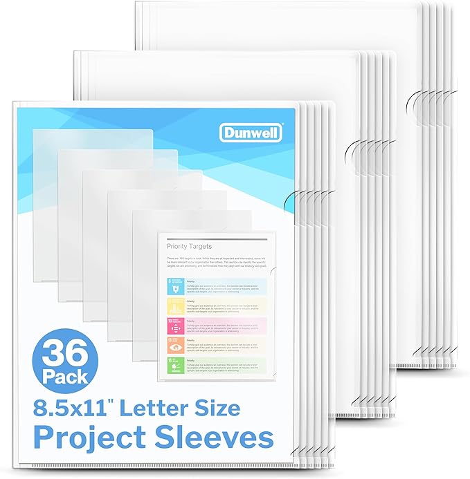 Dunwell Clear Folders for Documents, Plastic 8.5x11 File Sleeves for Document Protection, Filing, Storage, Organization (36 Pack) Transparent Folders with Pockets, Durable Letter Size Document Holder