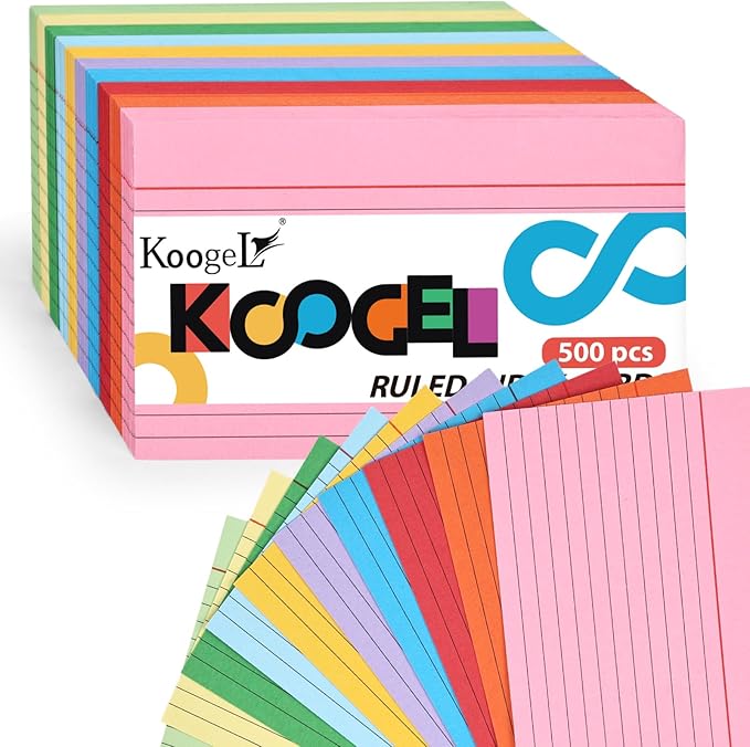 Koogel 500PCS Index Cards 3x5, Colored Lined Ruled Flash Cards for Back to School, Heavy Notecards for Studying School Home College Office Note Taking, To Do List Supplies, 10 Colors