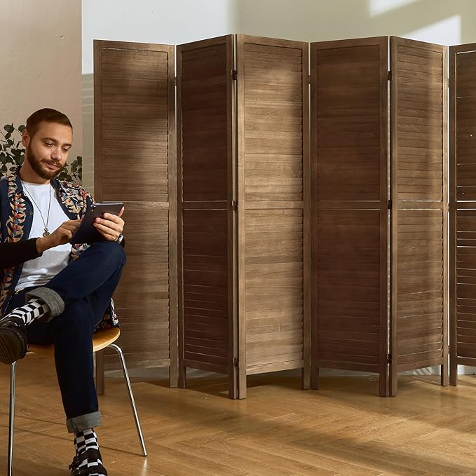 Room Dividers and Folding Privacy Screens, Wood Louvered Separators Divider Wall for Home Office Bedroom - 6 Panels, 67 * 90inch (Brown)