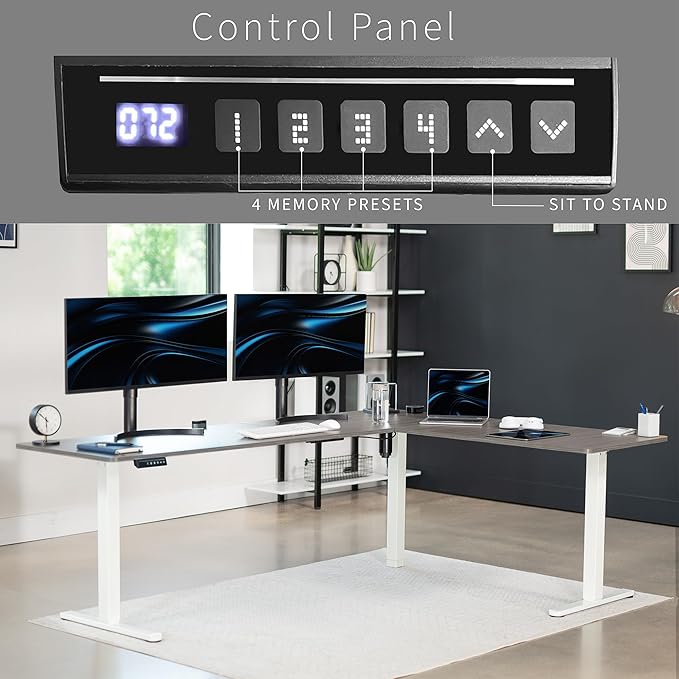 VIVO Electric Corner 84 x 63 inch L-Shaped Standing Desk, Memory Height Adjustment, Dark Gray Top White Frame, DESK-E3CTWG-84