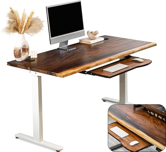 Standing Desk with Keyboard Tray – Walnut Solid Wood Desk, Natural Live Edge, Adjustable Height Dual Motor, Sit Stand for Home Office (White, W60 x D27)