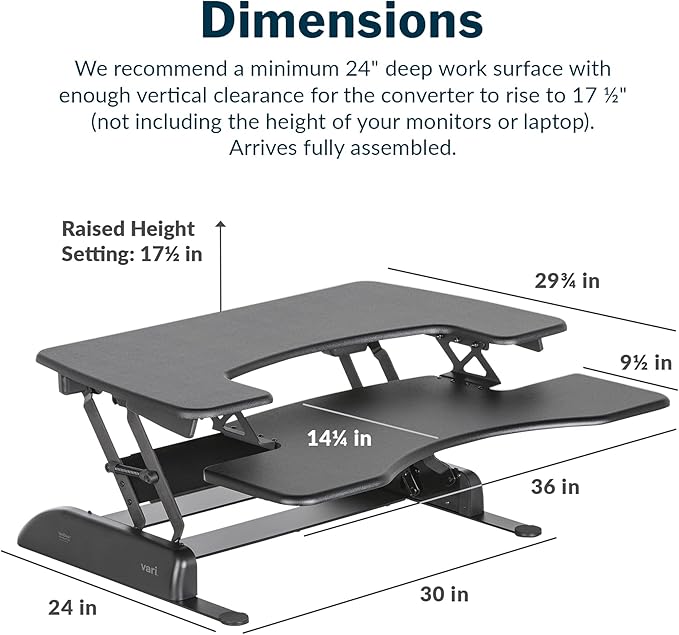 Vari VariDesk Pro Plus 36 - Adjustable Desk Converter with 11 Height Settings - Laptop Sit Stand Desk Riser for Home Office, Table Tops, Workspace - Fully Assembled with Spring Loaded Lift - Black