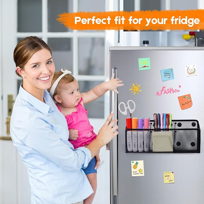 Ameceres Magnetic Pencil Holder - Extra Strong Magnets Mesh Marker Holder Perfect for Whiteboard, Refrigerator and Locker Accessories (3 Baskets, 1 Pack Black)