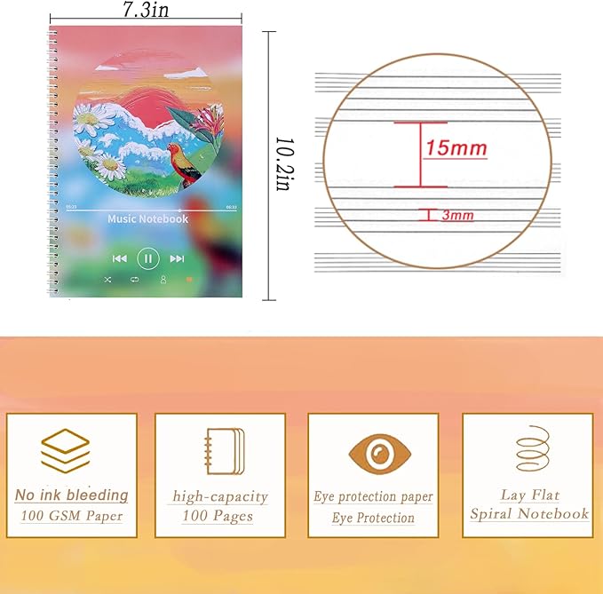 MUDOR Spiral-Bound Blank Sheet Music Notebook, 100 Pages Wide Staff Manuscript Paper with 100 GSM Thick Paper, Non-bleeding, Piano Guitar Composition Notebook for Composers, Students and Musicians (Orange)