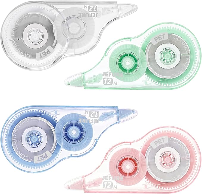 JEFURE 4 Pcs Colorful Core Correction Tape, 39.37 Ft White Wrong Out Tear-Resistant Bulk, Instant Corrections Easy to Use Applicator for School, Office, Note Taking, Journal (Tape Width 0.2 in)