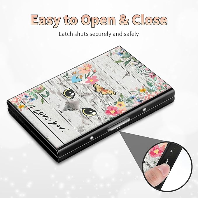 BWEGRHE Slim Credit Card Holder, Cat Flowers RFID Blocking Metal Wallet for Men & Women, Aluminum Minimalist Hard Case Pocket-Sized Business Cards Organizer (Fits Up to 10 Cards)