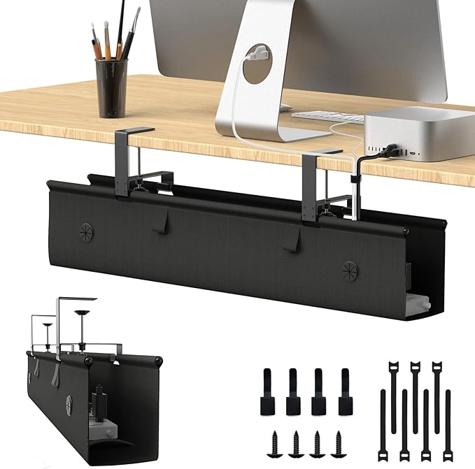 KIGJU Under Desk Cable Management Tray, 30-inch No-Drill Cord Organizer with Anti-Sag Reinforced Base, Fabric Wire Management Hider for Standing Desk, Office & Gaming Accessories - Black