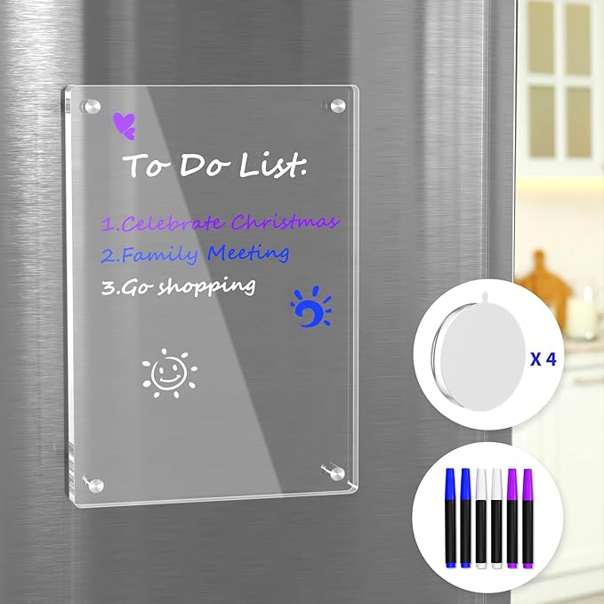 AITEE Acrylic Magnetic Calendar for Fridge, 8"x12" Inches Clear Dry Erase Calendar Memo Whiteboard for Refrigerator with Strong Magnets Includes 6 Dry Erase Markers with 3 Colors