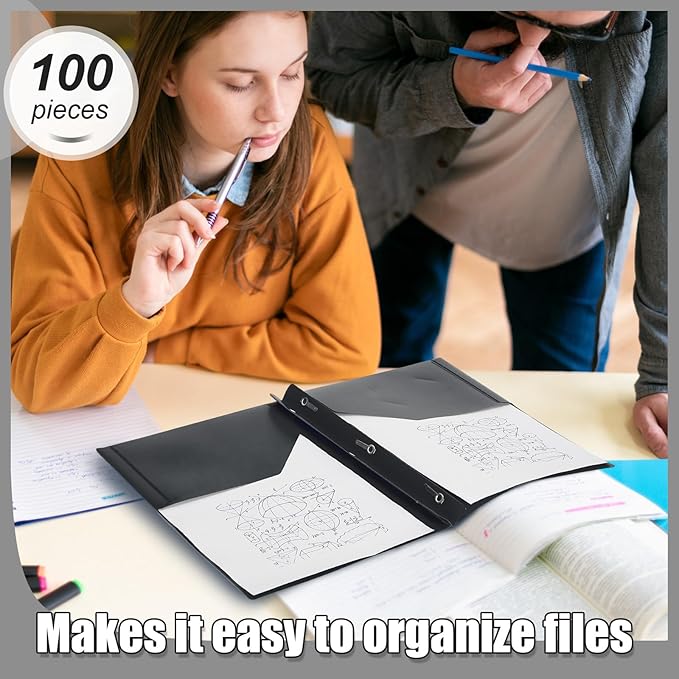 Lincia 100 Pcs Plastic Folders with Pockets and Prong Folders with Prongs 2 Pockets for Office, School for Students, Teachers, Office Workers(Black)