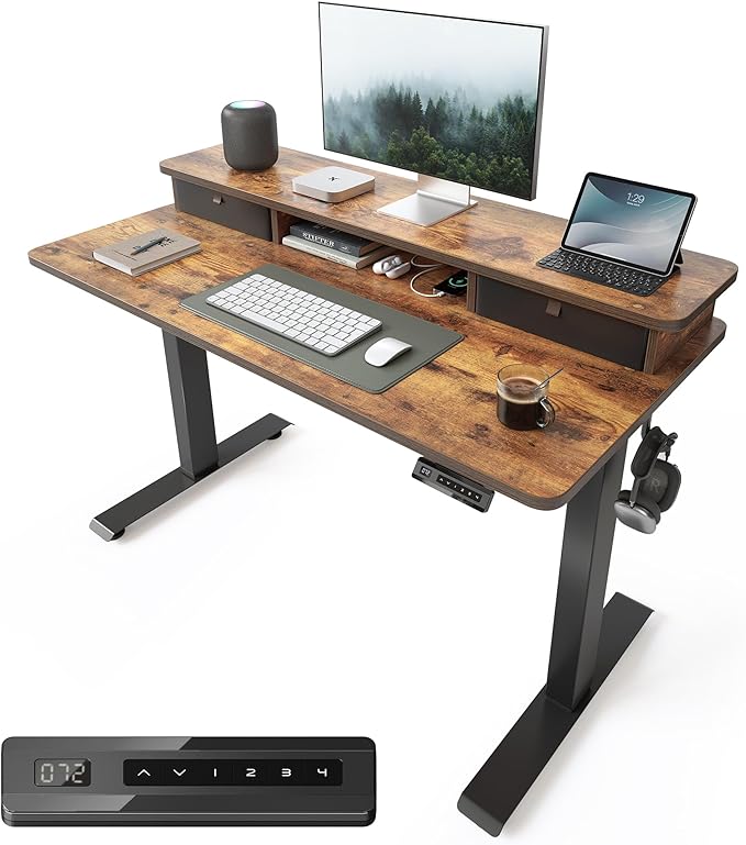 FEZIBO 40 x 24 Inch Height Adjustable Electric Standing Desk with Double Drawer, Stand up Home Office Computer Desk with 4 Height-Adjustable Feets & 2 Hooks, Rustic Brown