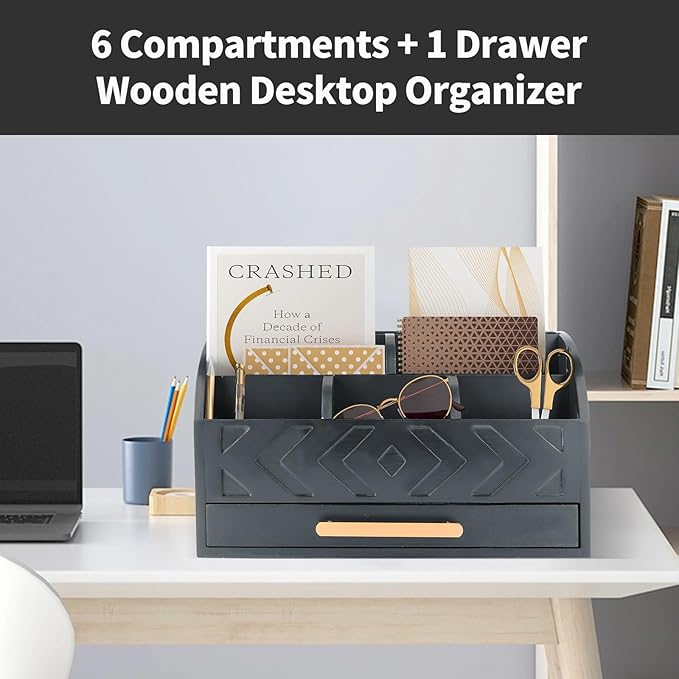 ZALIOJI Wooden Desk Organizer Mail Organizer Countertop, Desktop Organizer Mail Sorter Mail Holder Bill Organizer for Desk, Desk Organizers and Accessories for Women (Black)