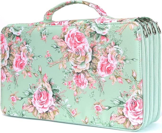 Vomgomfom Large Capacity Colored Pencil Case - Twill Fabric Holder With Zipper Closure for 300 Pencils or 200 Gel Pens, Organizer for Artists (Green Rose)