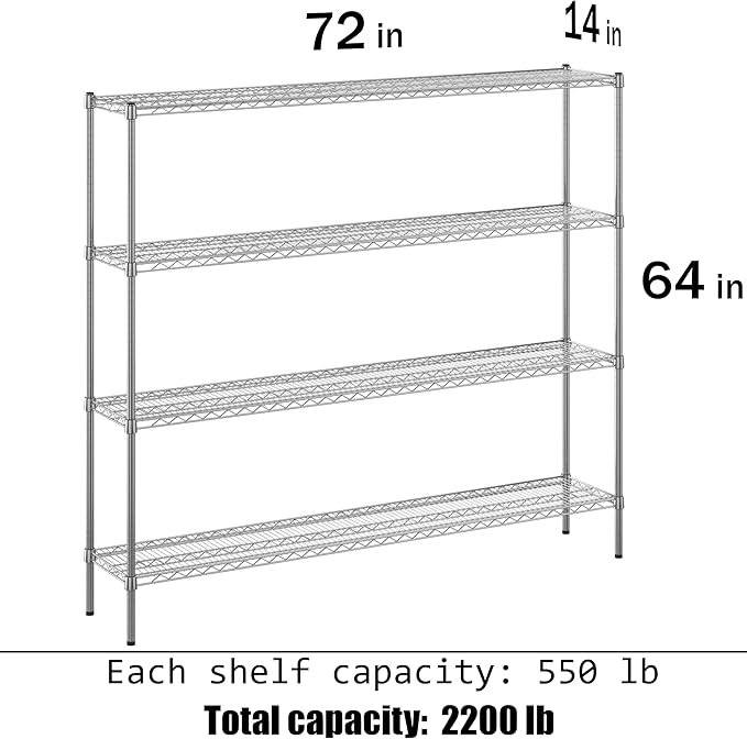 Regal Altair 14" Deep x 72" Wide x 64" Height Wire Shelving Kit | 4-Tier | NSF Commercial Storage Rack Unit