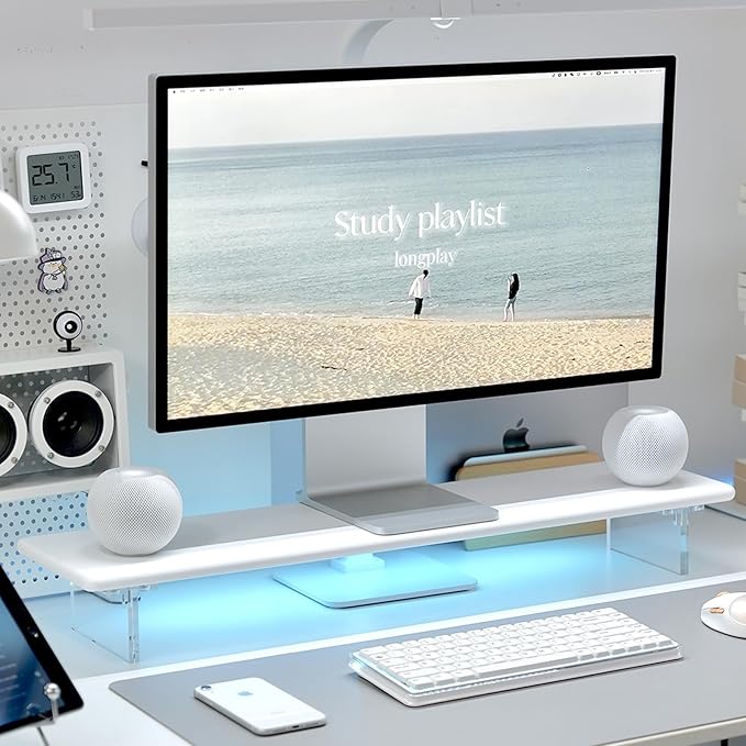ROCDEER Bamboo Monitor Stand Riser with RGB Lights,31.5 Inches Desktop Shelf with Acrylic Legs Supports for Desk, PC Computer Monitor, Laptops, Printer, Speakers (White)