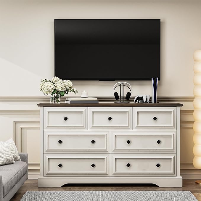 VVFLU Farmhouse 7 Drawer Dresser for Bedroom, 54" Wide Wooden Dresser with Natural Texture & Vintage Metal Knobs, Large Chest of Drawers for Bedroom, Living Room, Hallway, Antique White