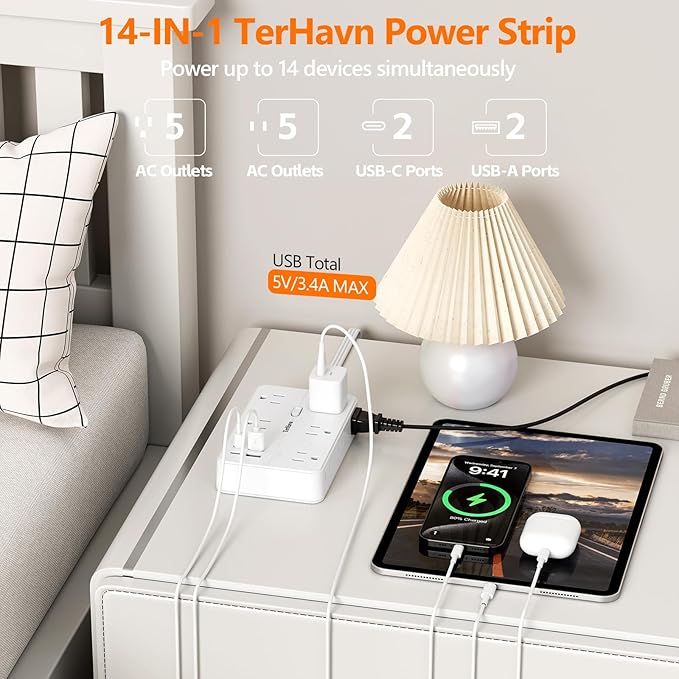 Surge Protector Power Strip-TerHavn 15 FT Flat Extension Cord ，10 AC Outlets & 4 USB Ports(3.4A 17W), 1080J ，Wall Mountable Desktop Charging Station with Flat Plug for Office Supplies and Home, White