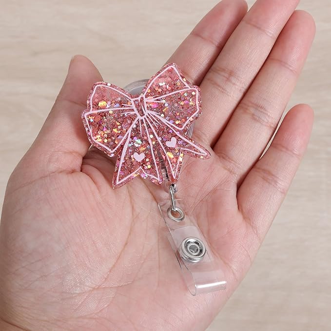 Cute Pink Bow Badge Reel | Retractable ID Card Badge Holder | Name Tag Work Badge Clip for RN LPN CNA MA ER Night Shift Nurse Nursing Student Doctor Teacher | Nurse Gifts | Acrylic｜Alligator Clip