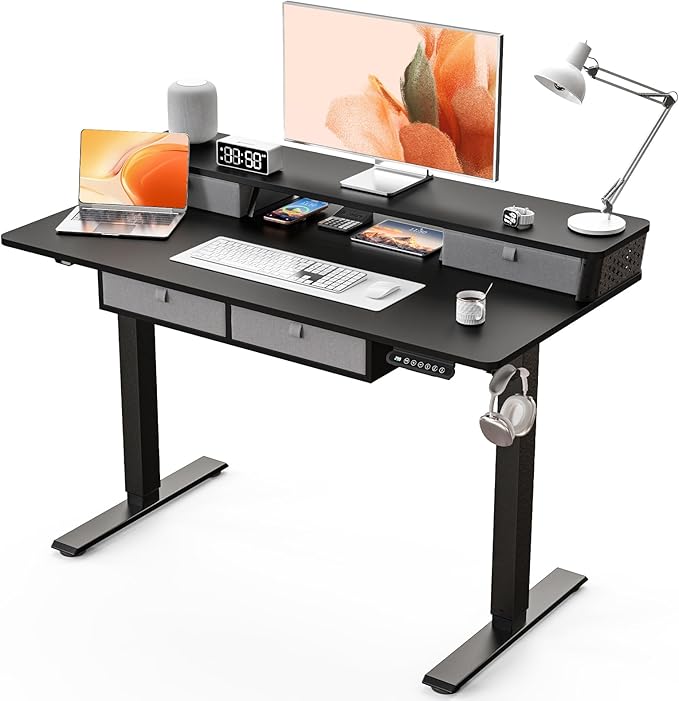 Kingant 48 x 24 Inch Electric Standing Desk with 4 Drawers, Height Adjustable Sit to Stand Computer Desk with Storage Shelf and C-Clamp Mount Compatibility for Home Office, Black