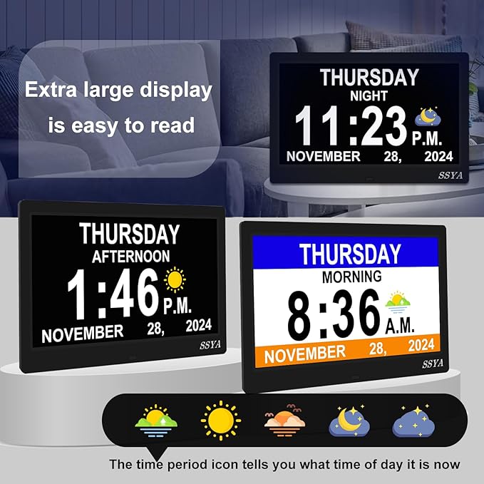 SSYA Dementia Clock for Seniors, Digital Clock with Date and Day of Week, Auto DST, Non-Abbreviated Large Calendar Alarm Clocks (Black)