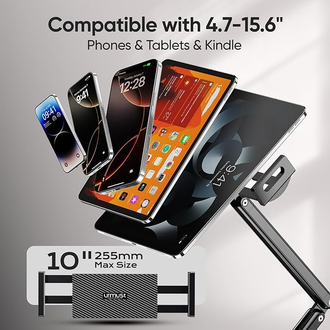 Urmust Tablet Stand for Desk, Adjustable iPad Holder Clamp Mount, 360° Rotation, Sturdy Aluminum Tablet Arm Mount for 4.7"-15.6" iPad Pro/Air/Mini, iPhone, Galaxy Tab, for Kitchen, Work, Video Call