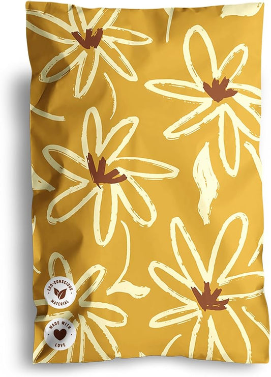 Poly Mailers 6 x 9 Inch - 100 pack Biodegradable Shipping Bags for Stationery and Small Accessories - Impack Self-Seal Waterproof Thick Mailing Envelope for Small Items - Golden Pencil Floral