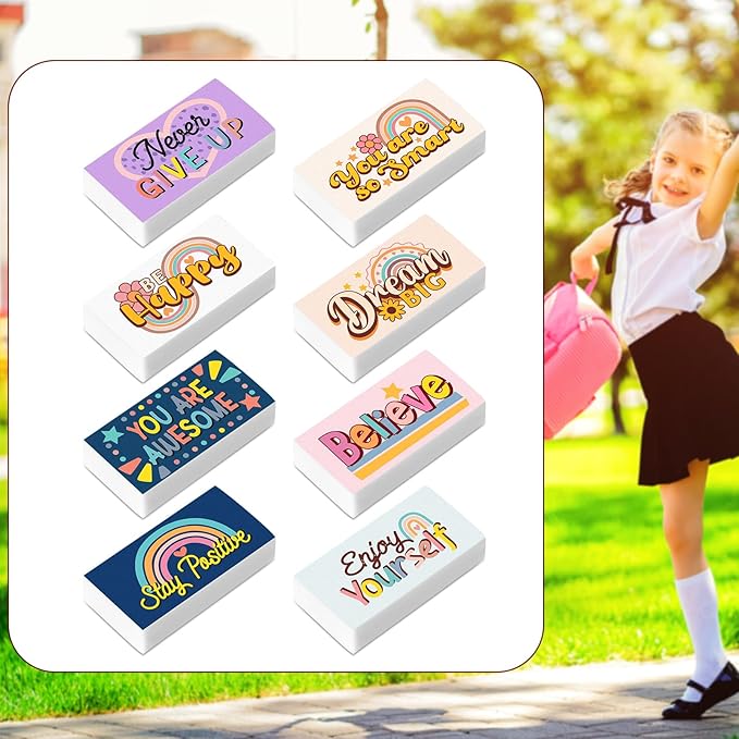Dunzoom 100 Pcs Inspirational Pencil Erasers Bulk for Kids Fun Motivational Eraser School Supplies Back to School Office Supplies for Classroom Office Teacher Artists (Boho)