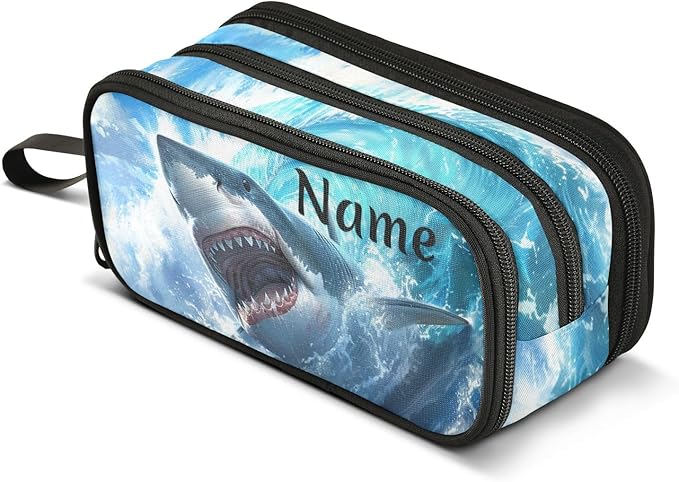 BOENLE Custom Shark Blue Ocean Wave Pencil Case Box Boys Girls Personalized Name Large Pencil Pouch Stationery Pen Bag Organizer for Kids Adults School Office