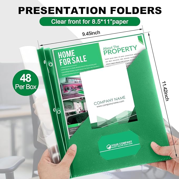 Teling 48 Pcs Clear Front Report Covers with 3 Prongs, Plastic Green Presentation Folders Bulk with 3 Pockets for A4 and Letter Size Paper, 90 Sheet Capacity, Document Covers for School Business
