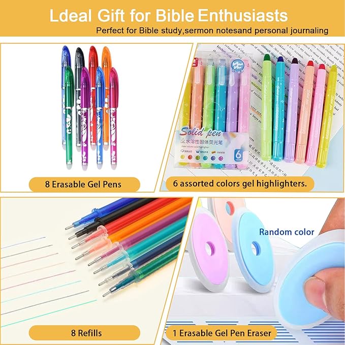 ZAYSWDNS 23 Pcs Bible Journaling Kit, No Bleed, set 6 GelHighlighters 8 Erasable Pens and 8 Refills & 1 Eraser, erasablecolored pens, for Bible Study Journaling Planner Notes School supplies