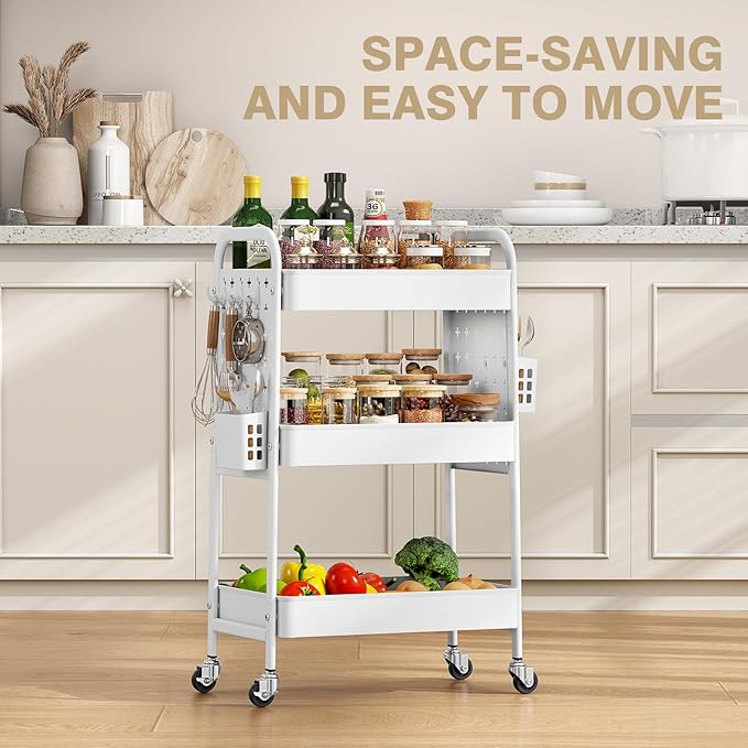 KINGRACK 3 Tier Rolling Cart with DIY Hanging Board, Metal Rolling Utility Cart with Wheels Handles Baskets Hooks, Rolling Storage Cart Suitable for Bathroom, Kitchen, Office, Nursery Diaper (White)