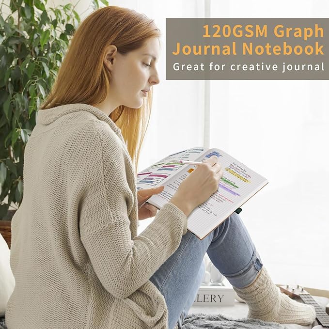 AHGXG Graph Paper Notebook - Grid Notebook Journal, 120 GSM Thick Graph Paper, Large B5 Notebook 96 Pages, Leather Softcover, for Graphing, Writing, Math, Engineering, 7.6'' X 10'' - Green
