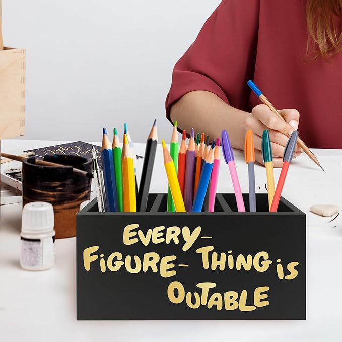 QZQE Everything Is Figureoutable Pen Pencil Holder Organizer for Desk, Inspirational Motivational Wooden Box Signs Decorations for Home Office Desk Tabletop, Inspirational Gifts